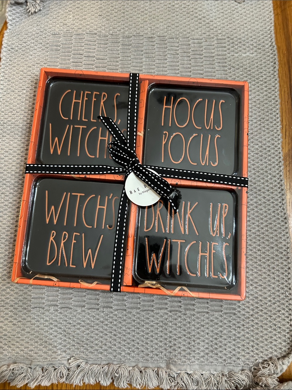 "NWT Rae Dunn Halloween Ceramic Coasters Set of 4 Black Orange Hocus Pocus Witch